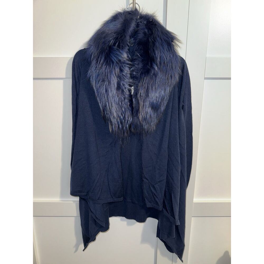New With Tags Alice + Olivia Izzy Cascade Fur Collar Cardigan Navy Blue Size XS